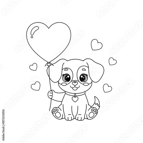 Cute cartoon puppy holding a heart shaped balloon and surrounded by hearts