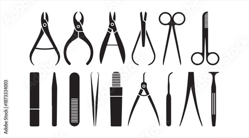 Manicure pedicure instruments black silhouettes set for salon and hygiene design