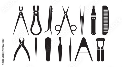 Nail care and manicure tool silhouettes collection for beauty and personal grooming