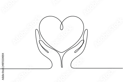 A minimalist line drawing of hands cradling a heart symbol