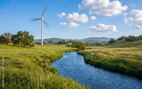 Ein Windrad auf der grünen Wiese.