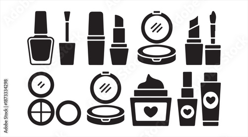 Beauty cosmetics black silhouettes set with lipstick, powder and skincare containers