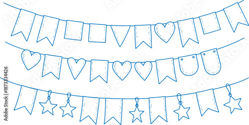 A blue line drawing of three festive banners with pennant flags hearts and stars on white background for decoration or celebration with party