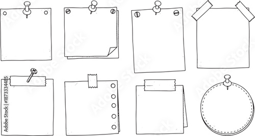 Collection of blank paper notes pinned and clipped on a white background for organization and reminders with clips and pins and illustration