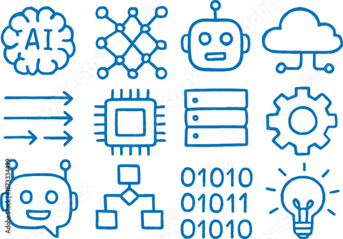 Artificial intelligence technology icons including brain chip robot cloud server gear and light bulb on white background for business and innovation concepts