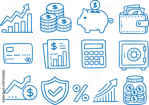 A collection of blue line icons illustrating various financial concepts and symbols such as money growth charts coins piggy bank wallet credit card calculator safe