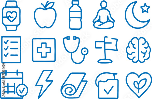 A collection of blue line icons representing various health and wellness concepts including fitness tracking heart health nutrition mindfulness medical symbols and mental