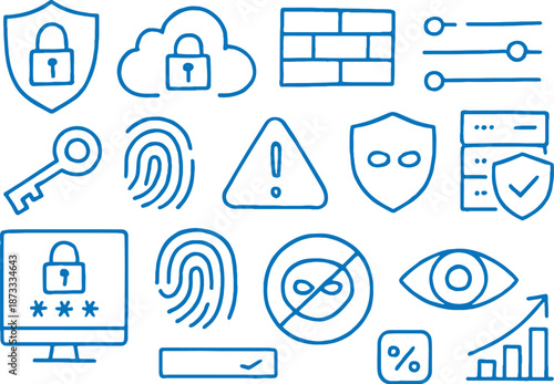 Collection of blue line icons representing cybersecurity and data protection concepts including locks shields and encrypted data on a white background
