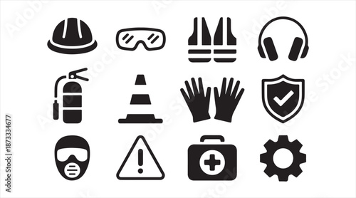 Industrial protection and safety symbols black silhouettes set for construction and worksite use