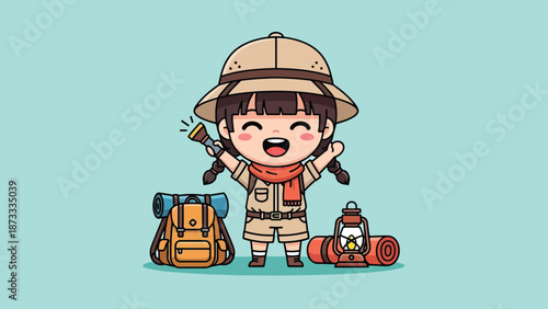 Happy cute girl explorer with backpack and camping gear.