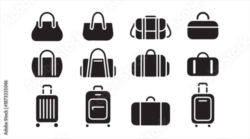 Suitcase and bag silhouette icon pack for travel, journey and holiday design