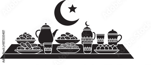Ramadan kareem iftar feast with dates and tea on table  traditional muslim celebration