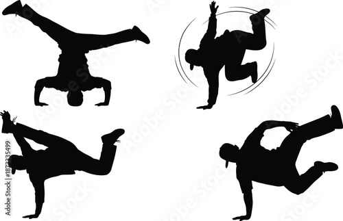 Silhouette vector set of 4 breakdancing poses freeze move headspin windmill and flare