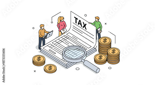 Isometric illustration of a team of people analyzing a large tax document with a magnifying glass and stacks of coins.