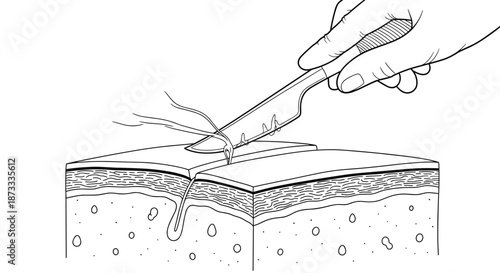 Detailed black and white medical illustration of a surgeon's hand using a scalpel to cut sutures on a cross-section of skin.