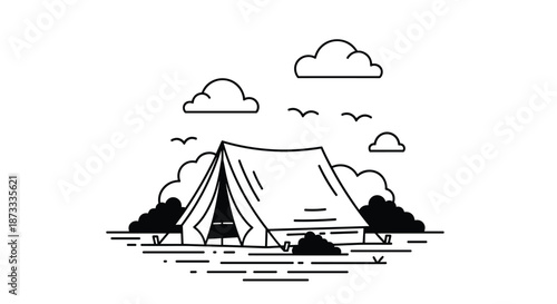 Simple black and white line art illustration of a camping tent set up in a natural landscape with clouds and birds.
