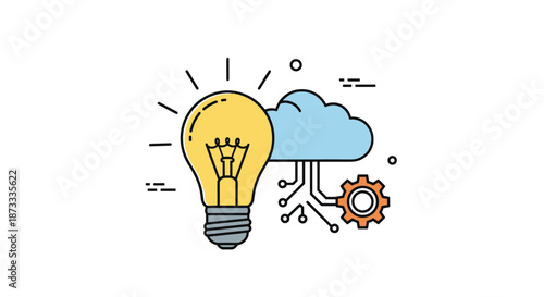 Line art icon illustrating an innovative idea with a glowing lightbulb connected to a cloud and processing gear.