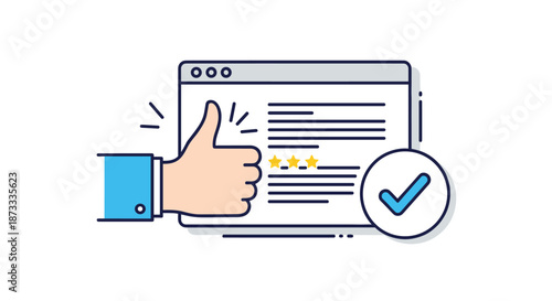 Positive customer review concept shown with a thumbs-up gesture over a webpage with a five-star rating and check mark.