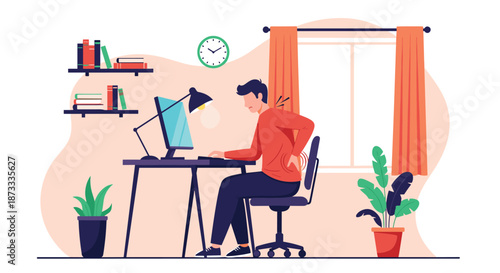 A man working at his desk computer is experiencing severe back and neck pain due to poor posture and long hours.