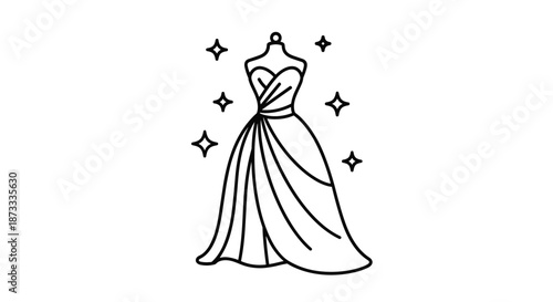 Minimalist black line icon of an elegant strapless evening gown on a mannequin, sparkling with stars for a magical effect.