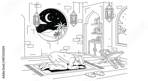 Black and white line art coloring page of a Muslim man praying on a prayer rug inside a mosque or room.