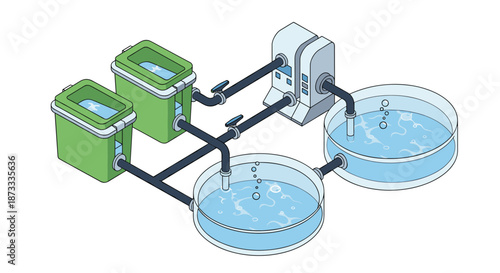 Isometric illustration of a modern water filtration and purification system with tanks, pipes, and a control unit.