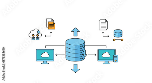 Diagram illustrating a central database server connecting with computers, cloud storage, and other local network databases.