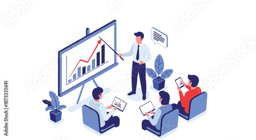 Isometric illustration of a businessman giving a presentation with a rising bar graph to an audience of colleagues.