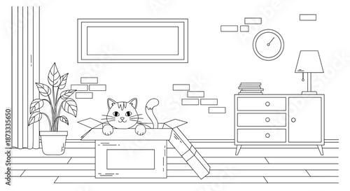 Coloring page outline of a cute cat playing in a cardboard box inside a cozy living room with furniture.