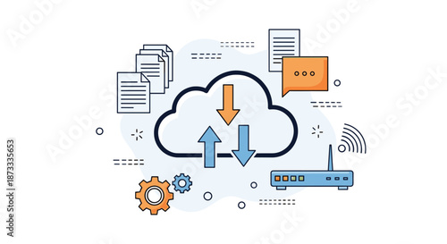 Cloud data storage and transfer concept with upload and download arrows, files, a router, and a settings gear icon.