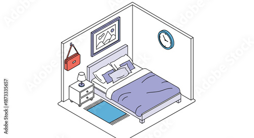 A simple isometric line drawing of a small, cozy bedroom with a bed, nightstand, and minimal decorations.