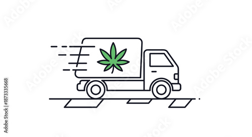 A simple line icon of a delivery truck with a cannabis leaf symbol, representing fast marijuana or CBD delivery service.