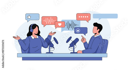Man and woman with headphones and microphones recording a podcast, with speech bubbles showing social media icons and waveforms.