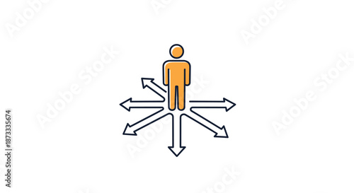 A simple icon of a person standing at a crossroads with arrows pointing in multiple directions, symbolizing choice and opportunity.