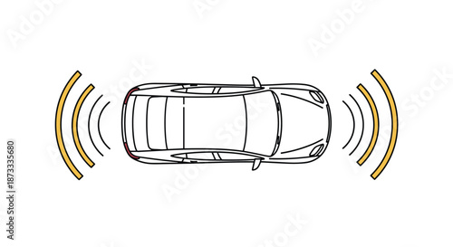 Top-down view schematic of a car with active parking assist sensors emitting signals from the front and rear bumpers.