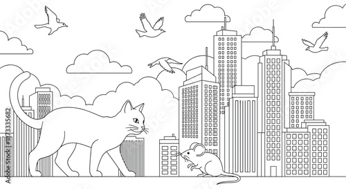 A large cat confronts a small mouse in a detailed city landscape, presented as a black and white line art coloring page.