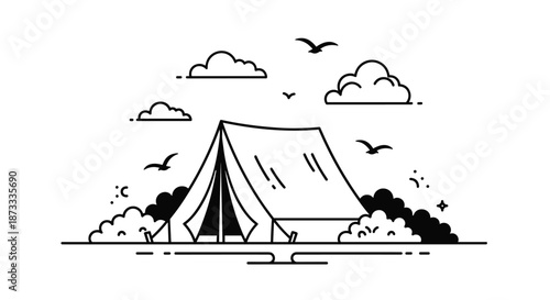 A minimalist black and white line art scene of a camping tent in nature with bushes, clouds, and flying birds.
