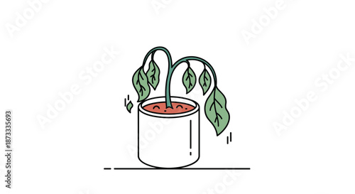 A simple cartoon drawing of a sad, wilted houseplant in a pot, drooping from lack of water or care.