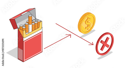 Isometric illustration concept about the high financial cost of smoking, showing a cigarette pack, a coin, and a cross mark.
