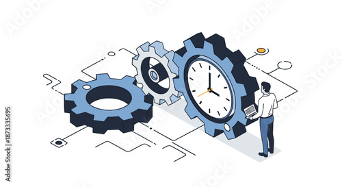 Isometric illustration of a businessman analyzing a system of interconnected gears, including one that is a clock, symbolizing time management.