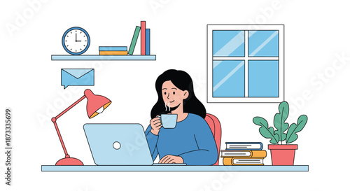 A young woman enjoys a cup of coffee while working or studying from home on her laptop in a cozy room.