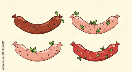 Collection of four different types of cute cartoon sausages garnished with green leaves, isolated on a light yellow background.