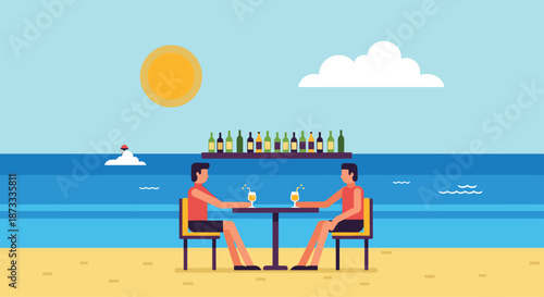 Two men relaxing and drinking cocktails at a beach bar on a sunny day, enjoying their tropical summer vacation by the sea.