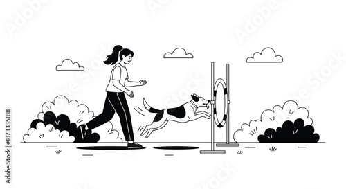 Woman and her dog participating in an agility competition, with the pet jumping through a hoop in this black and white drawing.