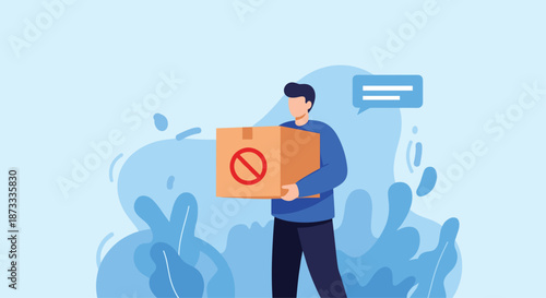 Man carrying a cardboard package with a red forbidden symbol, illustrating concepts like rejected delivery or prohibited items.