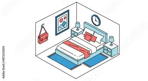 Cozy isometric bedroom interior design with a double bed, nightstands, lamps, and decor elements in a simple line art style.