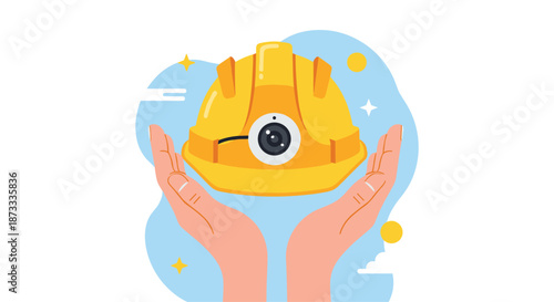 Person's hands holding a yellow safety hard hat with a built-in smart camera for worksite surveillance and security.