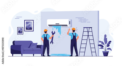 Two professional technicians in uniform repairing a leaking air conditioner unit on the wall of a modern living room interior.