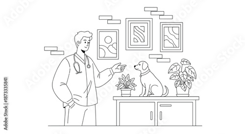 Line art illustration of a friendly male veterinarian with a stethoscope, smiling and talking to a cute dog in a clinic room.