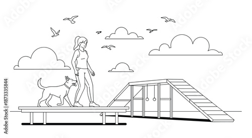 Black and white line drawing of a woman and her dog walking across a balance beam at a pet agility training park outdoors.